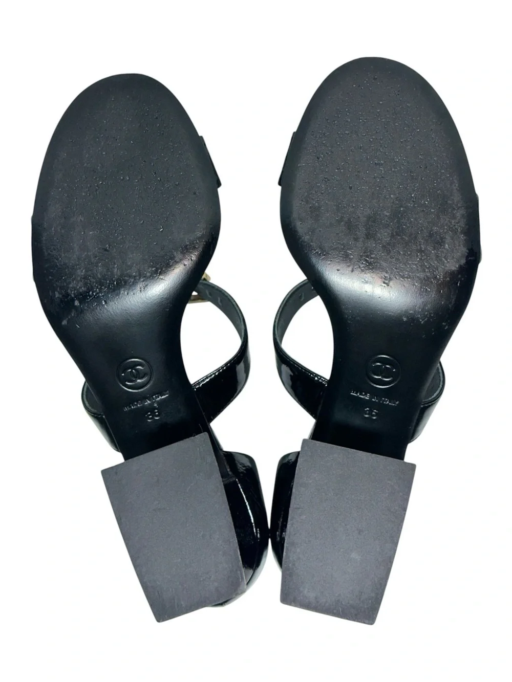 CHANEL Black Patent Goatskin 2022 22S Curved Block Heel Sandal size 36 Authentic